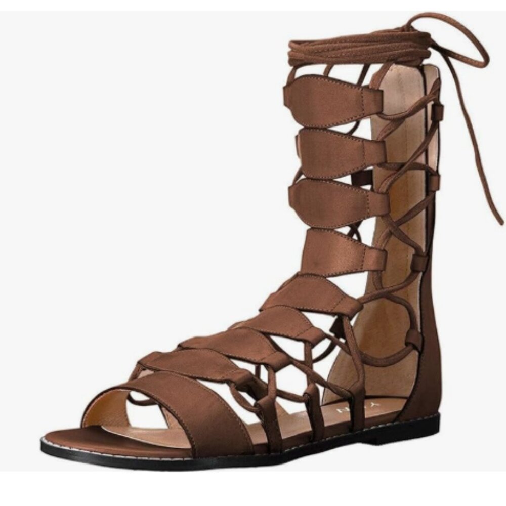 YDN Rosy Brown Ankle High Gladiator Sandals for Women Lace up Open toe Zip Flats
